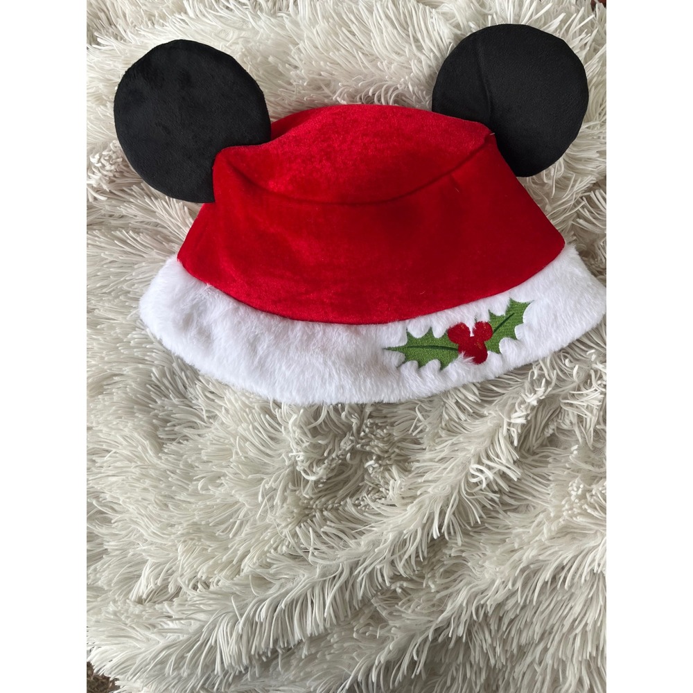 Disney Mickey Mouse Christmas‎ Santa Bucket Hat Red Velvet Faux Fur Ears Holly